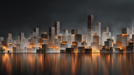 Fototapeta premium A futuristic city skyline illuminated at night, showcasing tall buildings with a reflective surface and a dramatic contrast of light and shadow.