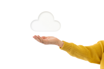 cloud computing concept: hand holding white cloud isolated on background