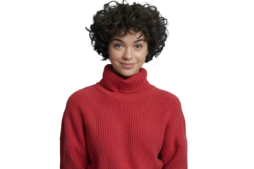 smiling woman with curly hair in red turtleneck sweater