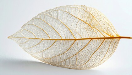 Detailed macro shot of a delicate transparent leaf skeleton with intricate golden veins on a clean white background