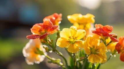 A close-up of colorful blossoms with red, yellow, and white hues glowing under sunlight,