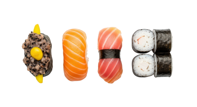 Assorted Sushi Rolls and Nigiri on Transparent Background Japanese Cuisine Delicacy with Salmon Tuna Shrimp and Vegetarian Options for Gourmet Dining - Powered by Adobe