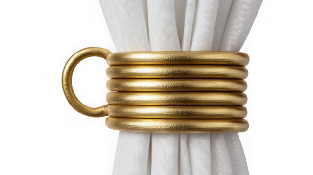 Elegant gold coil curtain tie back securing white fabric drapery for sophisticated home decor transparent background - Powered by Adobe