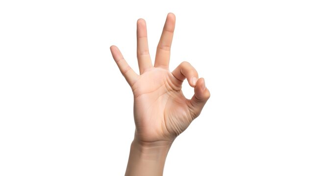 A close-up view of a human hand making the "OK" gesture against a white background.