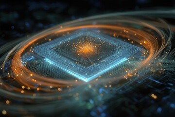 A futuristic depiction of a microchip surrounded by vibrant light trails, representing advanced technology and digital innovation.