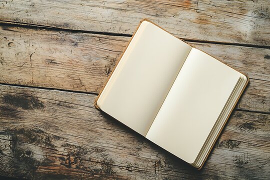 Minimal office concept with open notebook showing blank cream pages on wooden desk, illuminated by daylight from above, clean composition with wide copy space for design or text placement.