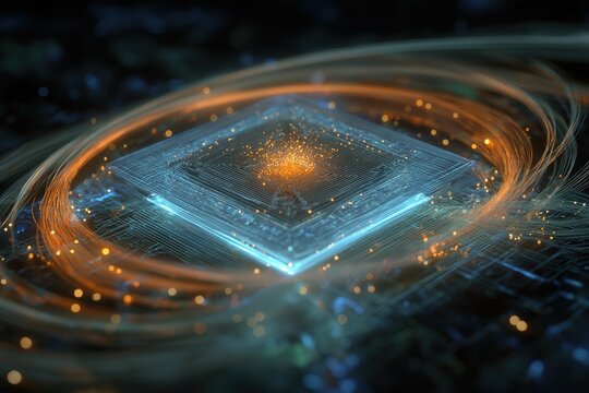 A futuristic depiction of a microchip surrounded by vibrant light trails, representing advanced technology and digital innovation.