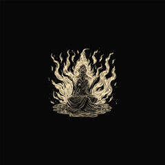 Obraz premium intense vintage engraving style illustration of a figure in a meditative pose, radiating powerful flames or divine light