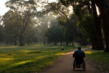 Fototapeta premium A serene park scene showcasing a person in a wheelchair navigating a scenic path surrounded by trees