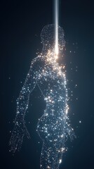 A glowing silhouette of a human figure made of stars and light against a dark background, evoking themes of energy and existence.
