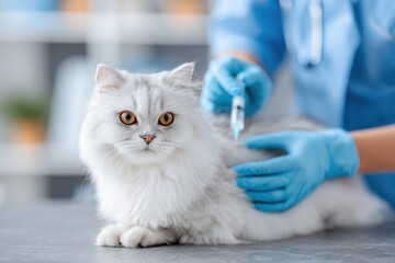 A veterinarian administering a vaccination to a fluffy white cat in a modern clinic setting