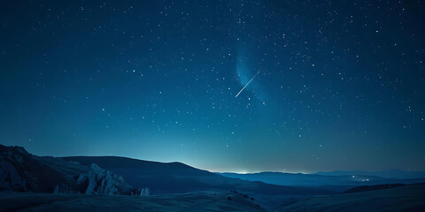 Fototapeta premium Dazzling comet streaks across a starry night sky over a serene, dark landscape.