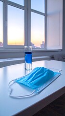 A blue mask on a white table