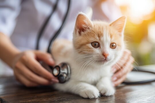 A veterinarian examining a playful orange and white kitten with a stethoscope outdoors during sunset