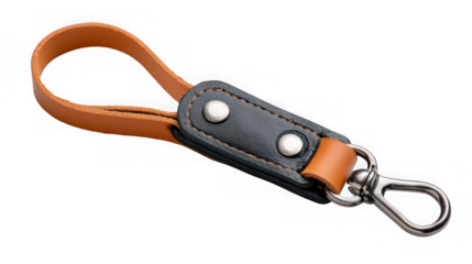 Stylish leather keychain with metal clasp and loop isolated on transparent background