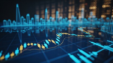 Dynamic financial charts on dark background with city skyline overlay
