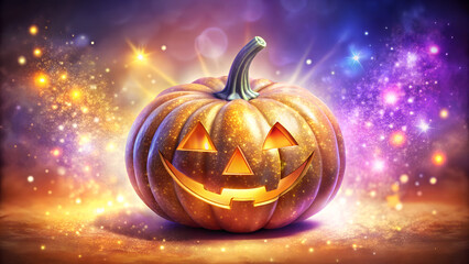 Glowing Jack-o-lantern with Sparkly Cosmic Background isolated on a transparent background.