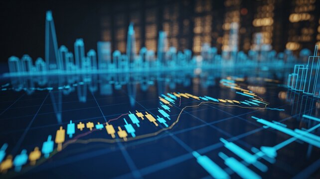 Dynamic financial charts on dark background with city skyline overlay