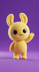 Obraz premium A cheerful, plush yellow rabbit figure stands on a vibrant purple backdrop, its expression playful and inviting.