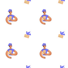 Delivery person with strong arms holds a letter and a bird on a white background design