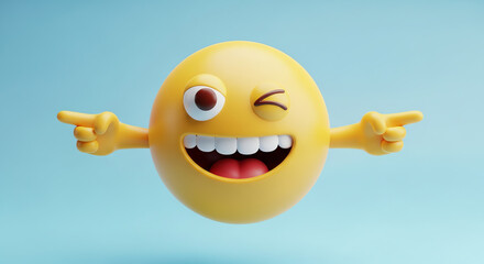 Playful Yellow Emoji with Winking Eye and Pointing Hands.