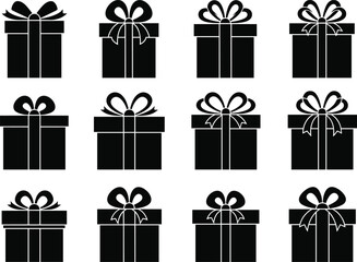 Gift box icons vector illustration, black silhouette present boxes, decorative bows, festive packaging set, holiday gift design, birthday, Christmas, celebration elements
