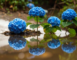 Hydrangea blooms reflected in a still pool of water