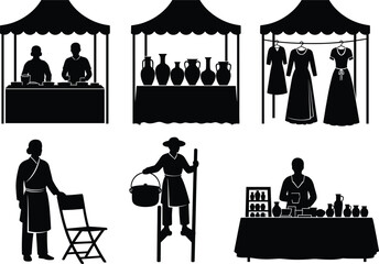 Medieval street market vector illustration, food vendors, pottery stalls, vintage clothing, traditional fair scene, black silhouette style, historic fair people