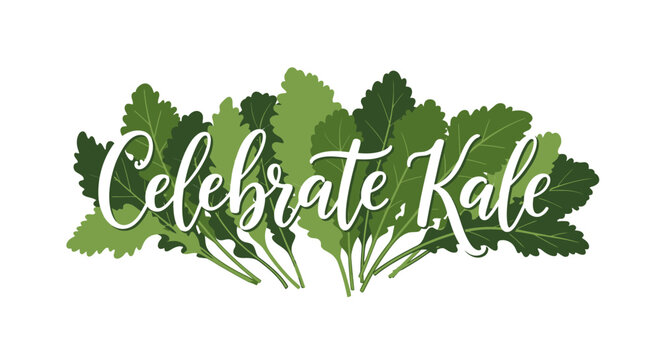 Illustration of green kale leaves with the text 'Celebrate Kale' written in white cursive font on a clean white background for National Kale Day.
