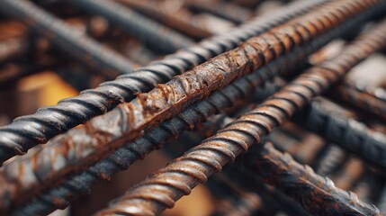 Close-up of rusty steel reinforcement bars at construction site.