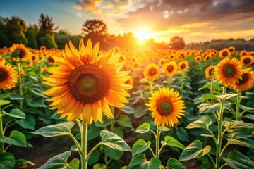 Fototapeta premium Golden Hour Sunbeams Illuminate a Field of Vibrant Sunflowers at Sunset