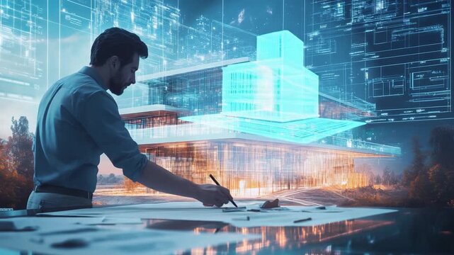 Architect designing a modern building with digital overlays