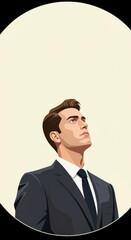 A stylish illustration of a man in a suit, gazing upward with confidence, set against a neutral backdrop.