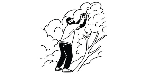 Fototapeta premium Person reaching into leafy branches tree leaves