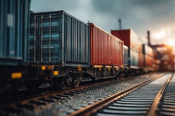 Fototapeta premium Freight containers lined along railway tracks under a moody sky during sunset