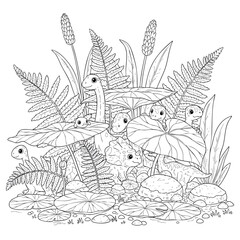 Naklejka premium A detailed coloring page of cute baby dinosaurs hiding among ferns and lily pads in a prehistoric swamp.