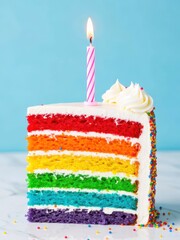 Celebratory rainbow cake slice with candle colorful dessert setting delicious food photography bright background fun concept