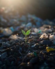 recycling and nature themes: photos of trees sprouting from waste, Earth held above trash, and green initiatives with ample blank spaces for environmental messages.