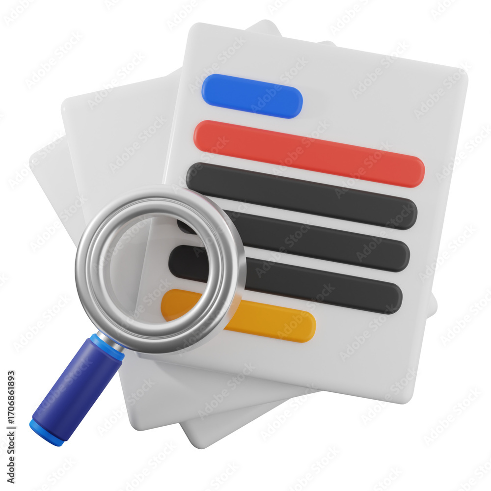 Aufkleber magnifying glass exploring documents with colorful markers on transparent background