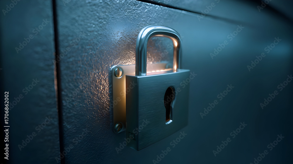 Poster close-up of a shiny padlock on a metallic surface, symbolizing security and protection for valuables