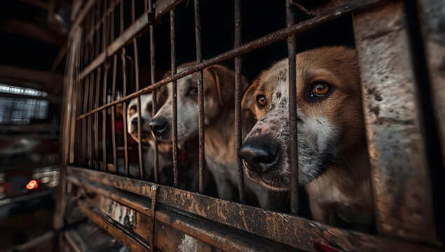 A poignant image of rescued dogs in a cage, highlighting the need for animal welfare and compassion towards pets in need.