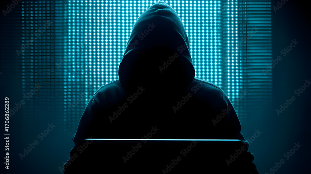 Poster a mysterious figure in a hoodie is silhouetted against a digital backdrop, representing themes of ha