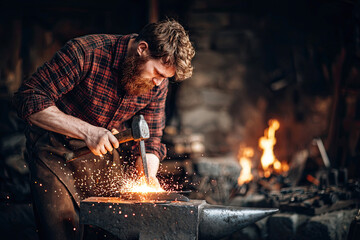 A skilled blacksmith forges metal at an anvil, creating sparks in a rustic workshop filled with tools and fire.