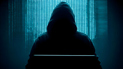 A mysterious figure in a hoodie is silhouetted against a digital backdrop, representing themes of hacking and online anonymity.