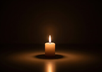 Single lit candle casting warm glow and shadows in darkness