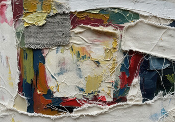 Abstract mixed media textile art with layered fabrics and paint