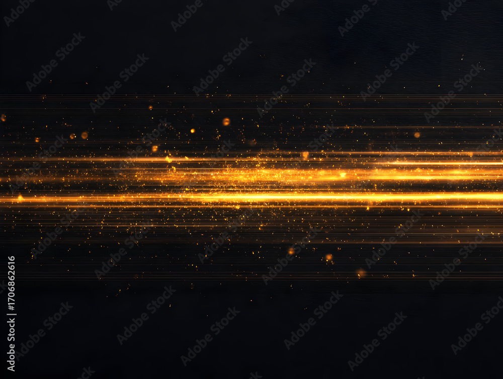 Poster dynamic golden light streaks create a striking visual effect against a dark background, ideal for mo