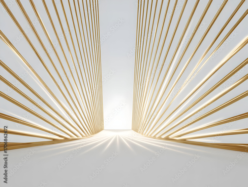 Poster Architectural design featuring striking golden lines leading to a bright light source, creating a sense of depth and perspective.