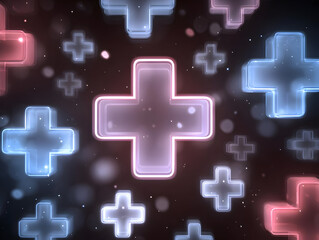 Obraz premium A vibrant design featuring glowing plus signs in pink and blue against a dark background, perfect for digital projects.