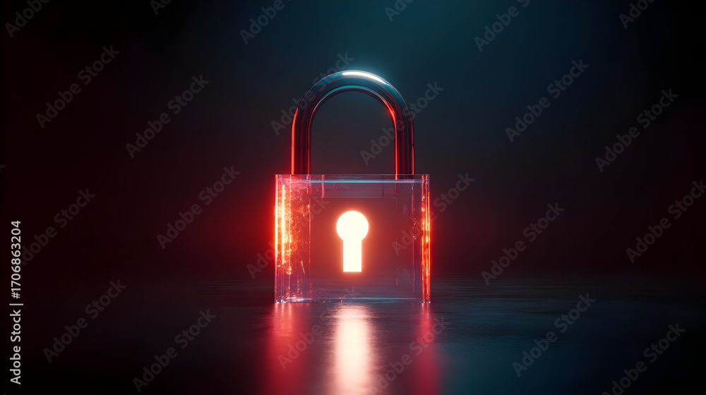 Poster a glowing padlock with a keyhole illuminated in red, symbolizing security and protection in the digi